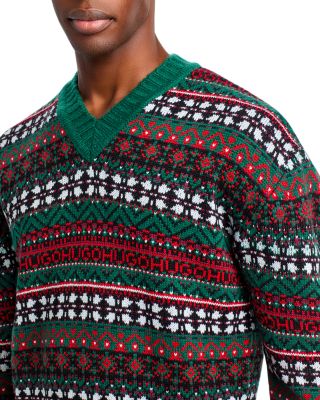 Sissoh Wool Blend Fair Isle Relaxed Fit V Neck Sweater