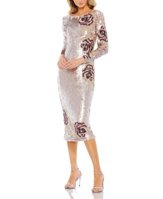 Mac Duggal - Sequin Asymmetrical Floral Long Sleeve Midi Dress