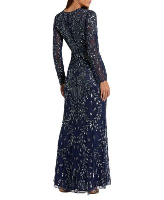 Long Sleeve Illusion Neckline Embellished Gown
