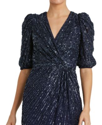 Sequin V-Neck Short Puff Sleeve Midi Dress