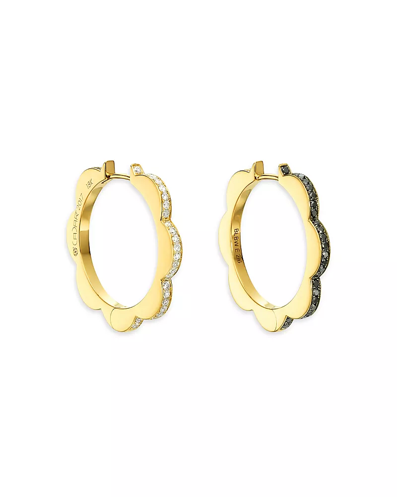Cadar 18K Yellow Gold Bloom White & Black Diamond Outline Flower Hoop Earrings