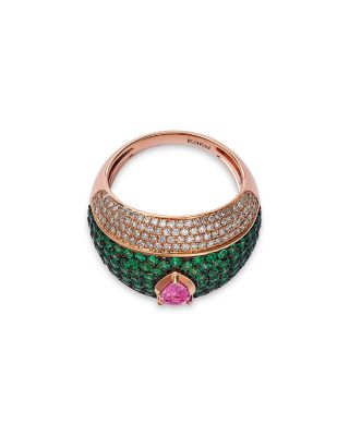 Emerald, Pink Sapphire & Diamond Pav&eacute; Statement Ring in Yellow Gold