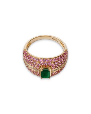 Emerald, Pink Sapphire & Diamond Pav&eacute; Multirow Ring in 14K Yellow Gold