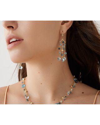 18K Yellow Gold Paradise Topaz London Blue Topaz, Swiss Blue & Diamond Three Strand Chandelier Drop Earrings