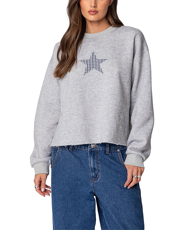Shop Edikted Gingham Star Sweatshirt In Gray Melange