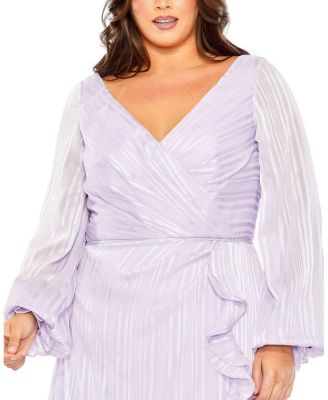  Plus Striped Faux Wrap Bishop Sleeve  Gown
