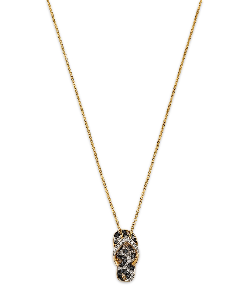 Bloomingdale's Fine Collection White, Brown & Black Diamond Animal Print Flip Flop Pendant Necklace in 14K Yellow Gold, 0.32 tcw