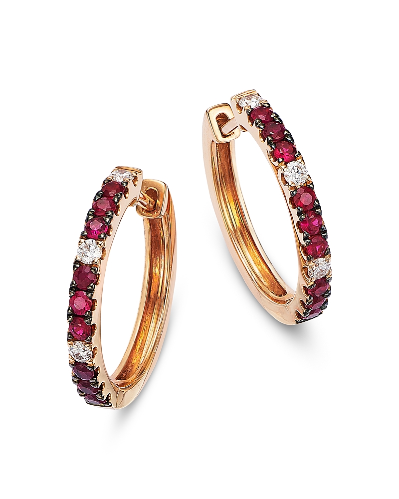 Bloomingdale's Fine Collection Ruby & Diamond Small Hoop Earrings In 14k Rose Gold In Pink