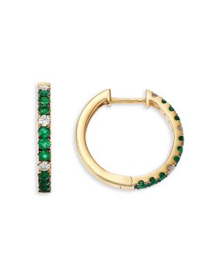 Emerald & Diamond Hoop Earrings in 14K Yellow Gold