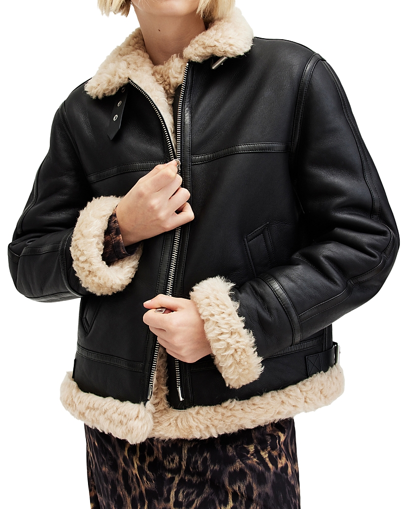 Allsaints Lorel Genuine Shearling Flight Jacket In Black