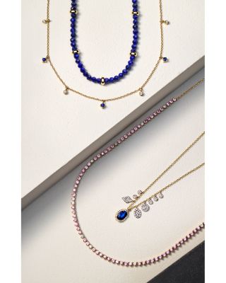 14K Yellow Gold Dangling Station Blue Sapphire & Diamond Necklace, 14"
