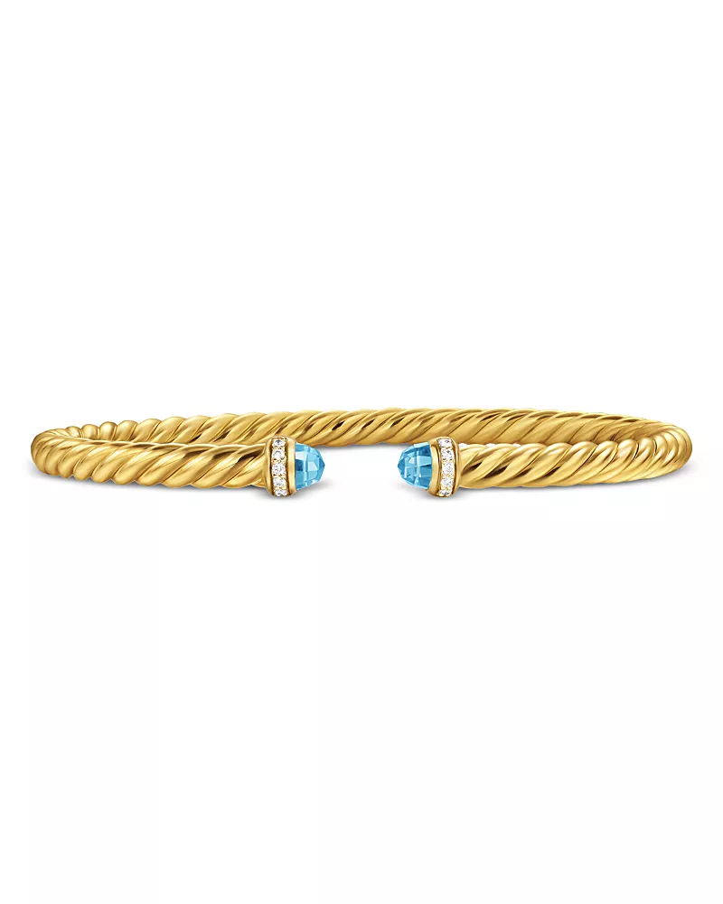 David Yurman Cablespira Flex Bracelet in 18K Yellow Gold with Blue Topaz and Diamonds, 4mm