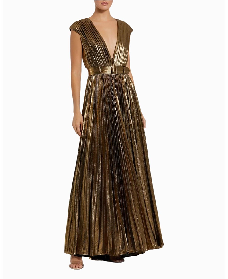 Mac Duggal Pleated Metallic Jersey Gown With Belt In Bronze
