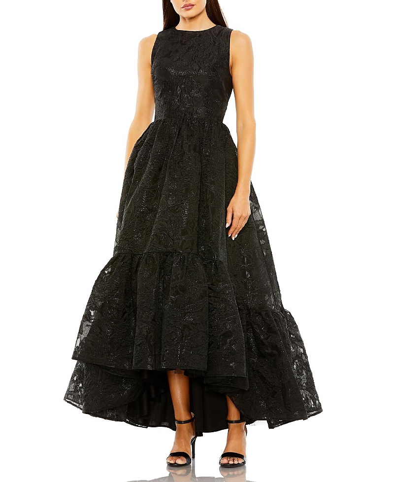 Mac Duggal Sleeveless Metallic Brocade High-low Evening Gown In Black