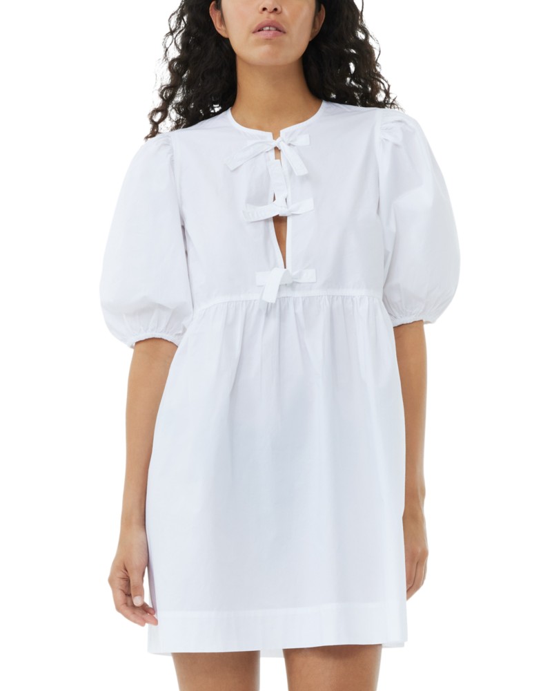 Ganni White Cotton Poplin Tie String Mini Dress in Bright White