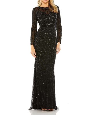  Beaded Long Sleeve Evening Gown