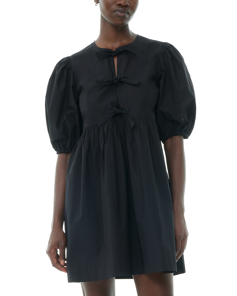 Ganni Black Cotton Poplin Tie String Mini Dress In Black