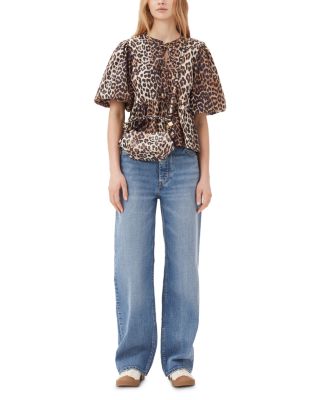 Leopard Tie Front Cotton Peplum Blouse