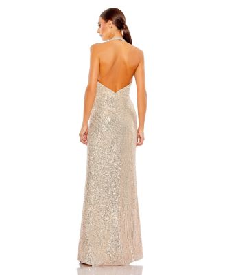 Sequin Halter Strap Plunge Neck Gown