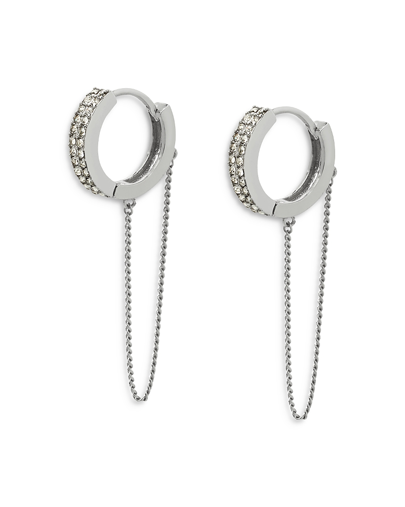 Allsaints Chain Swag Pave Huggie Hoop Earrings In Rhodium Plated In Silver