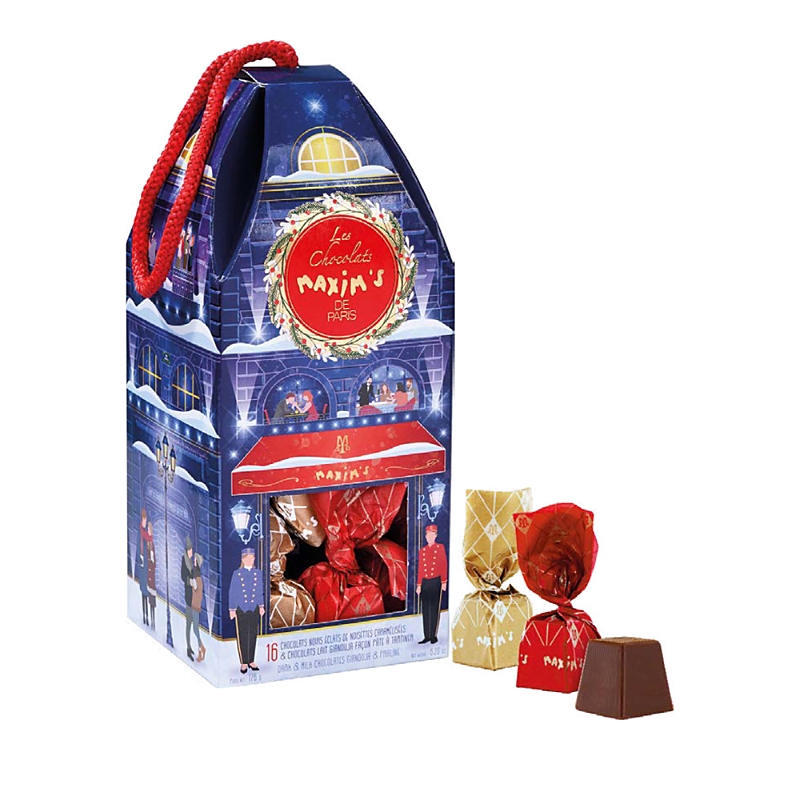 Maxim's De Paris Maxim's House Filled With Milk And Dark Chocolate Gianduja, 16 Piece In Blue