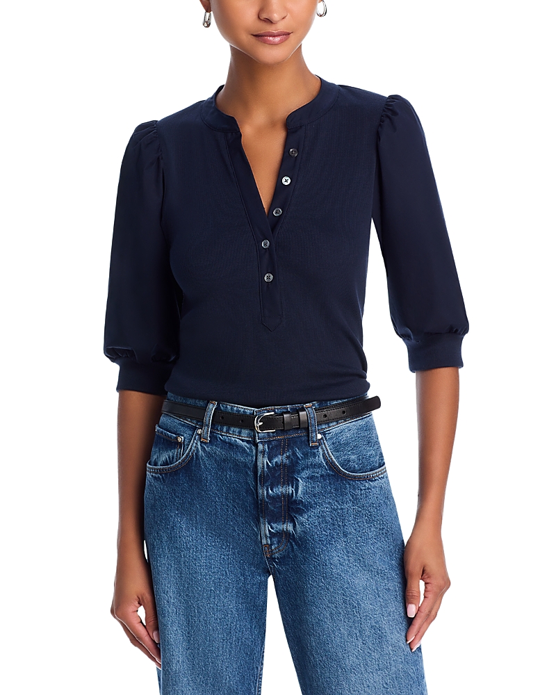 Veronica Beard Coralee Puff-sleeve Henley Sweater In Navy