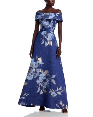 Off-the-Shoulder Metallic Floral Jacquard Gown
