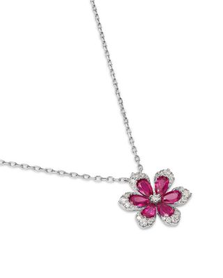 Ruby & Diamond Flower Pendant Necklace in 14K White Gold, 18"
