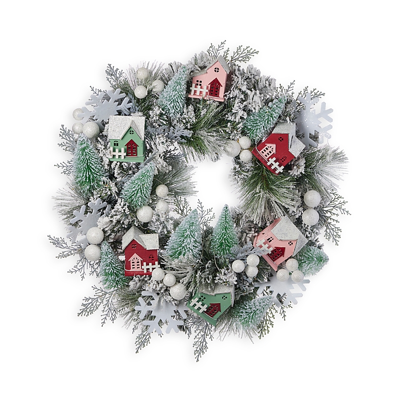 Seasonal Llc Snowy Cottage 26 Wreath With Fairy Lights