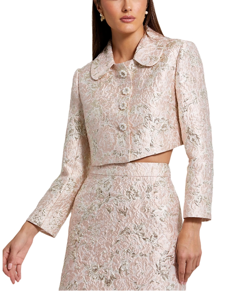 Mac Duggal Pearl Button Brocade Cropped Jacket In Blush Multi