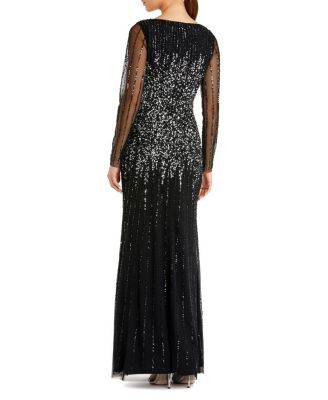 High Neck Sequin Embellished Long Sleeve A Line Gown