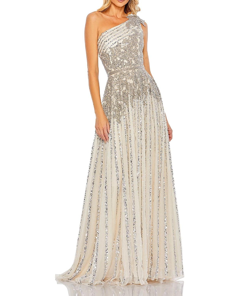 Mac Duggal Beaded Embellished One Shoulder A Line Gown In Silver Nude