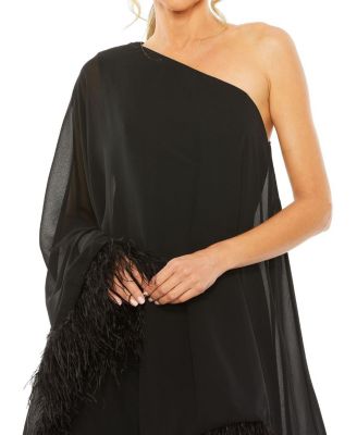 One Shoulder Trapeze Dress with Feather Trim