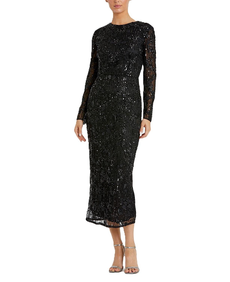 Mac Duggal Sequin Beaded Long Sleeve Cocktail Midi Dress In Black