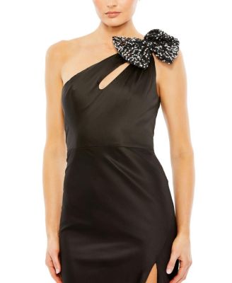 Sequined Bow Detail One Shoulder Trumpet Gown