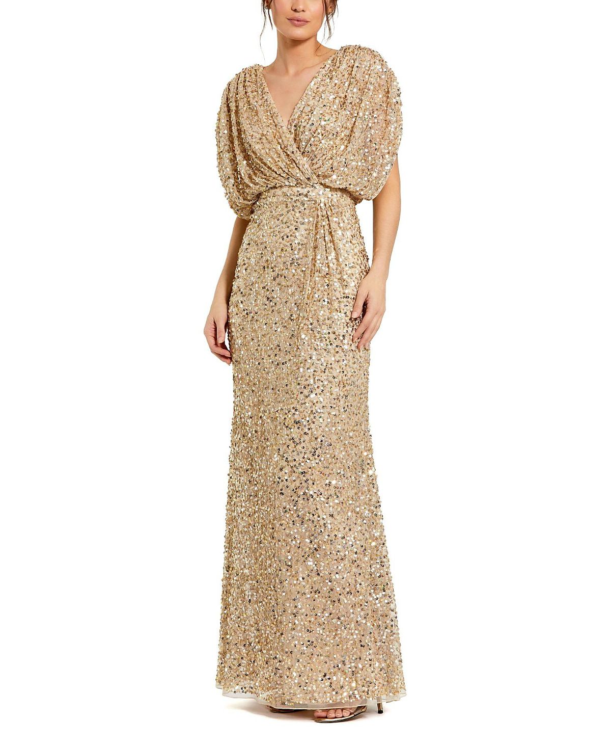 Mac Duggal Draped Sleeves Ruched Waist Detail V-Neck Gown