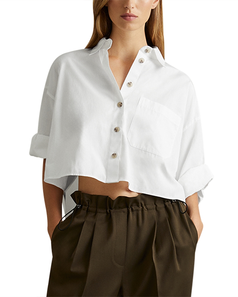 Reiss Womens White Relaxed-fit Short-sleeve Cropped Cotton Shirt In White