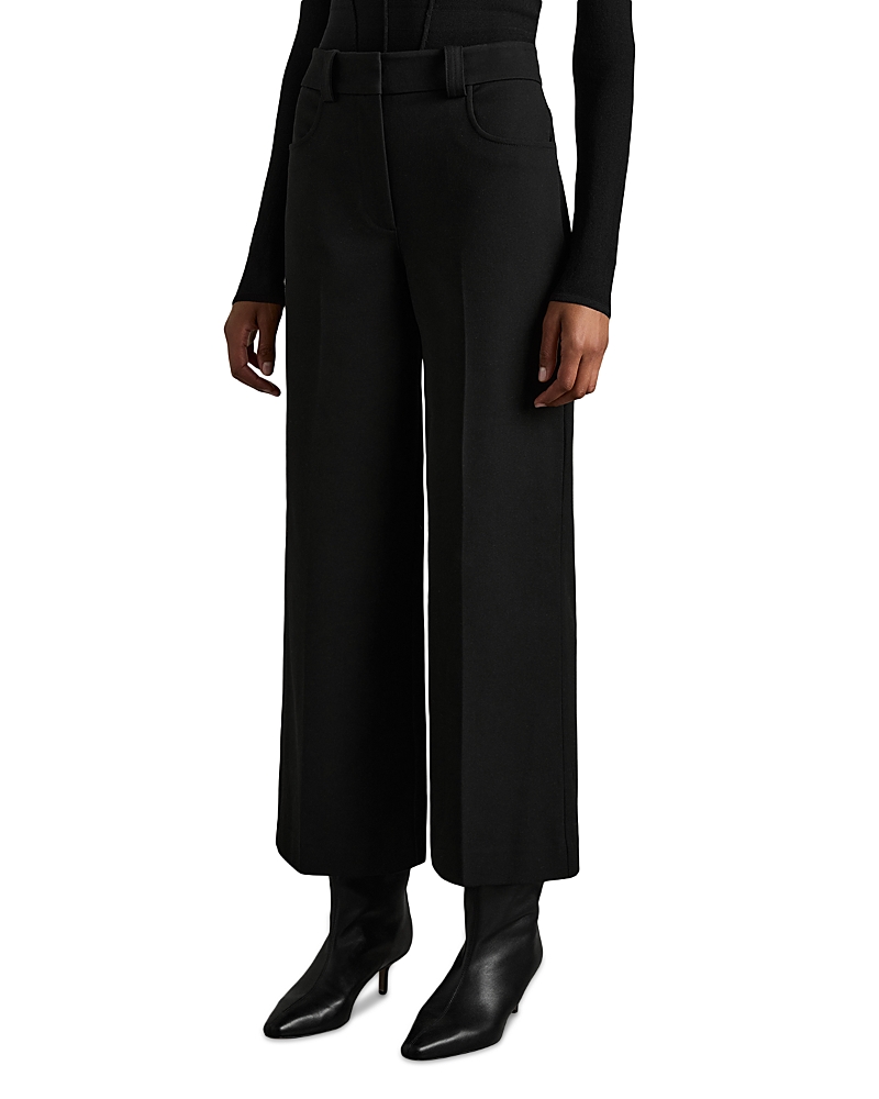 Reiss Black Petite Cropped Wide-leg Twill Trousers In Black