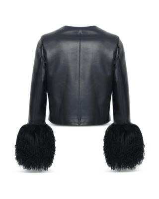 Leather Cropped Shearling Cuff Jacket