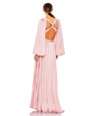 Long Sleeve Pleated Charmeuse Cut Out Gown
