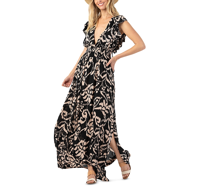 Tiare Hawaii Dahlia V-neck Ruffle-sleeve Dress In Nomadic Black