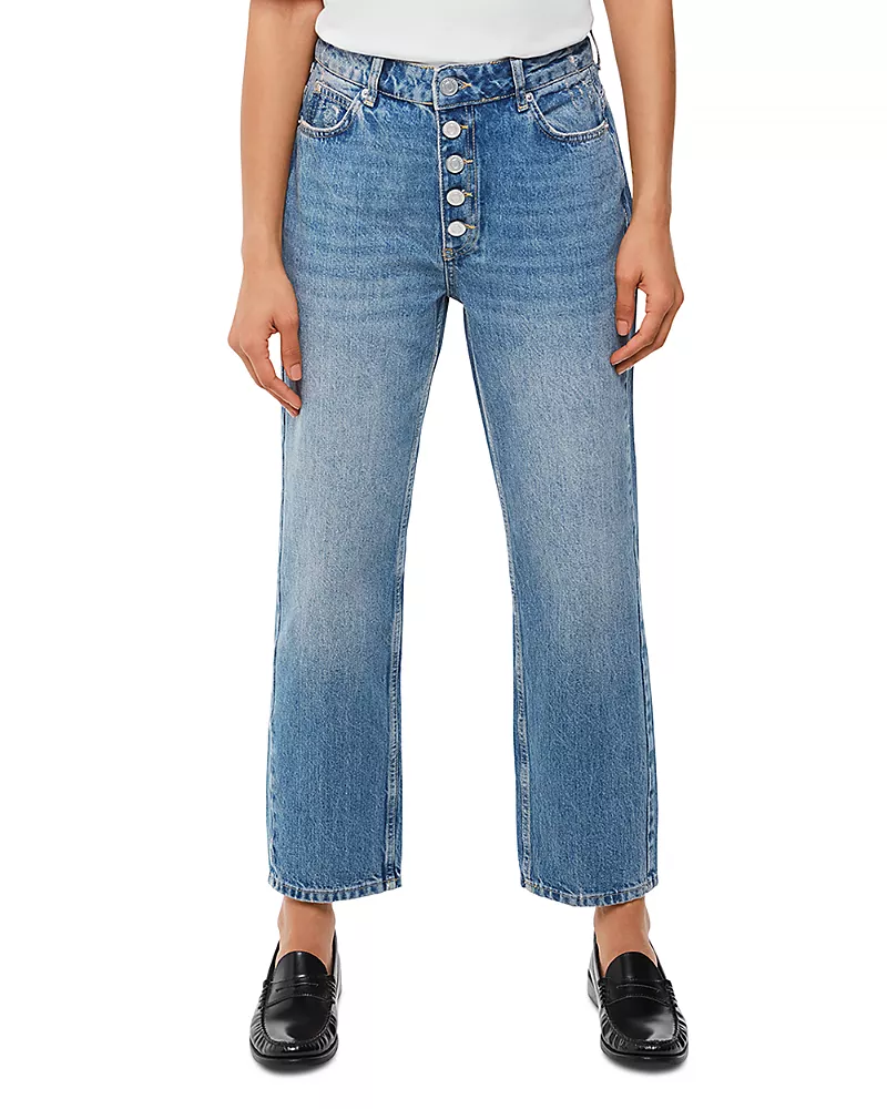 Whistles Hollie Button-Fly High Rise Cropped Straight Jeans in Denim