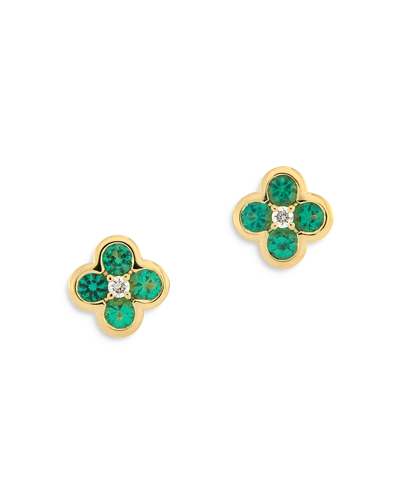 BLOOMINGDALE'S FINE COLLECTION EMERALD & DIAMOND BEZEL CLOVER STUD EARRINGS IN 14K YELLOW GOLD