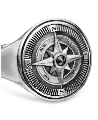 Men's Sterling Silver Maritime Compass Signet Ring with Black Diamond