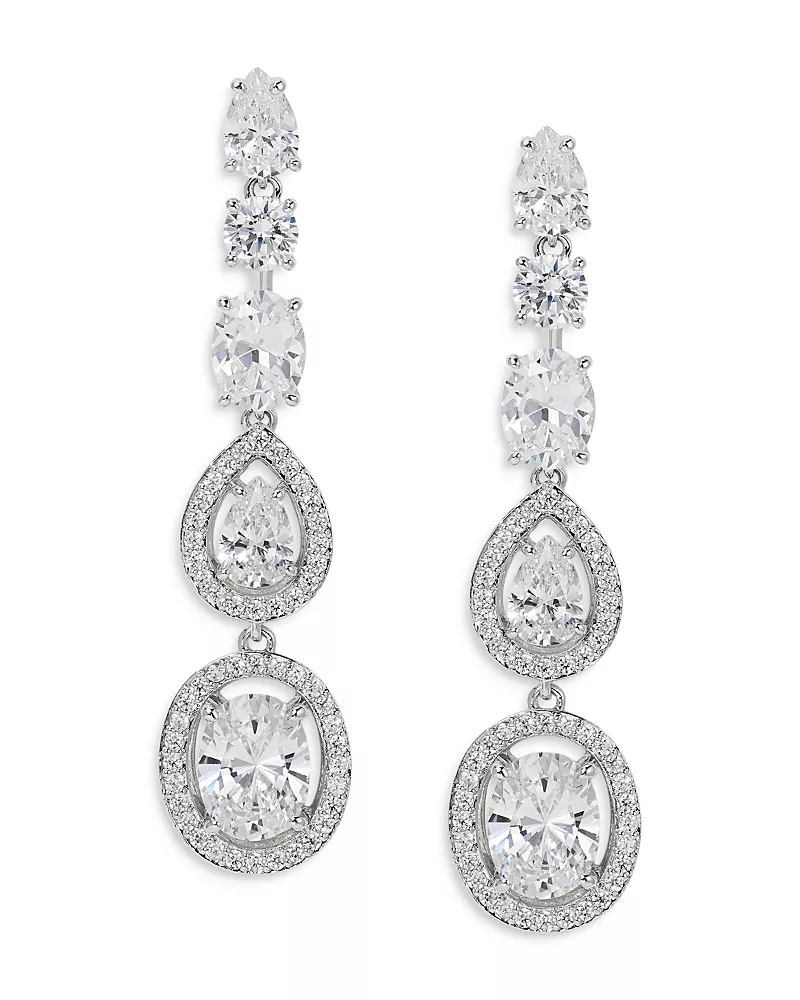 Nadri Radiant Cubic Zirconia Halo Linear Drop Earrings in Rhodium Plated