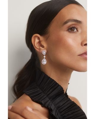 Radiant Cubic Zirconia Halo Double Drop Earrings in Rhodium Plated