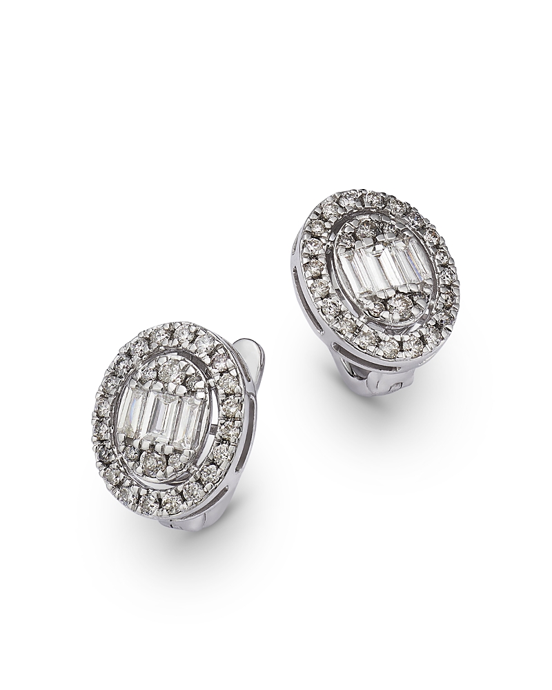 Bloomingdale's Fine Collection Diamond Round & Baguette Halo Cluster Hoop Earrings In 14k White Gold, 1.00 Ct. T. W. In White