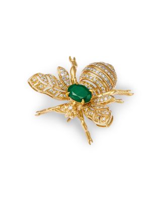 Emerald & Diamond Bee Brooch in 14K Yellow Gold 