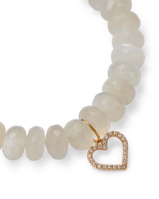 Diamond Open Heart Charm White Moonstone Beaded Bracelet