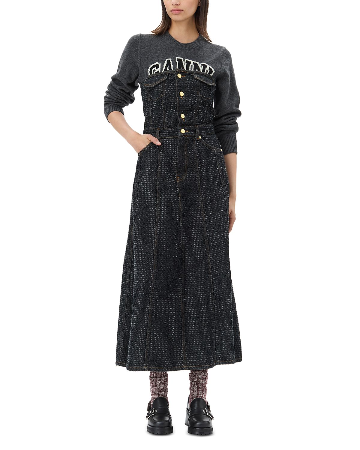 Ganni Fluffy Denim Corsage Dress